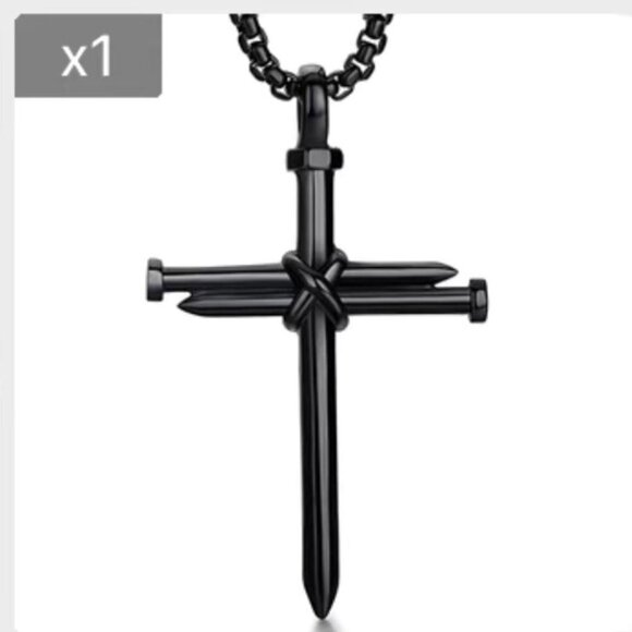 Cross 3 Nail Necklace Statement Piece Pendant Chain and Gift Pouch Black - Picture 6 of 15